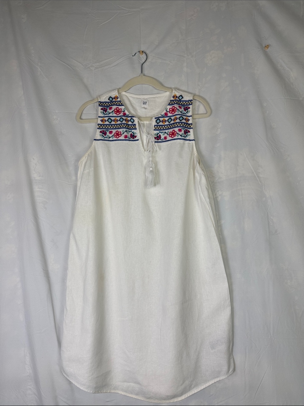 GAP White Linen Sleeveless Embroidered Yoke Mini Dress